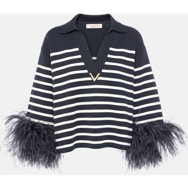 Valentino VGold feather-trimmed cotton sweater - blue (UK 16)