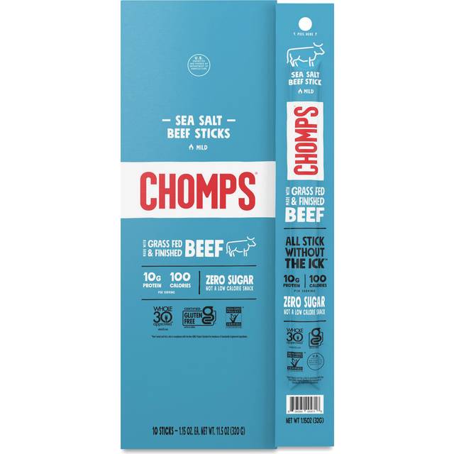 Chomps Meat Sticks Zero Sugar Sea Salt Beef 10 Pack