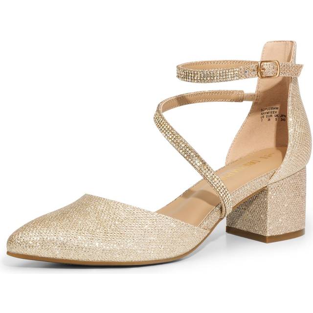 DREAM PAIRS Women's Closed Pointed Toe Low Chunky Heels Pumps Ankle Strap Wedding Business Dressy Shoes Size 8.5 Gold SDPU2354W