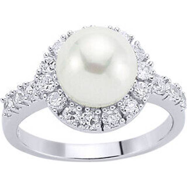 (L) Jewelco London Ladies Rhodium Plated Sterling Silver Cubic Zirconia & Simulated Pearl Halo Full Moon Dress Ring 10mm