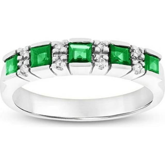 0.05 CTW of Diamonds & Emeralds Wedding Band, 14K White Gold - Size 7.5
