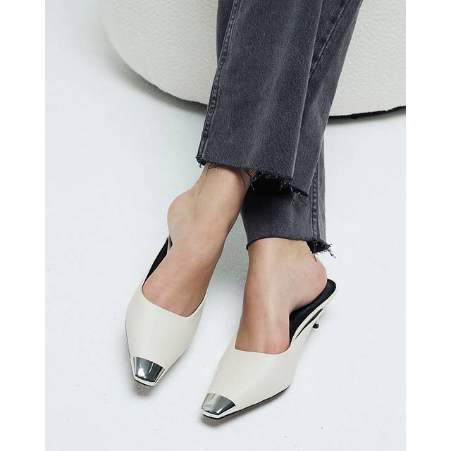 River Island Womens White Leather Toe Cap Mule Kitten Heel Shoes - 9