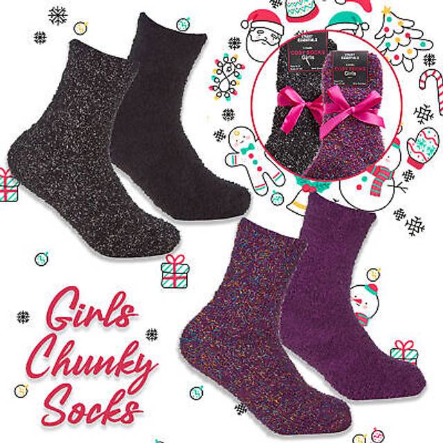(Black, 9-12) 2 Pairs Children Kids Girls Chunky Shimmer Socks Party Glitter Shine Fluffy Crew Silver Multicolour Sparkle Thread Bed Sleep Sock Multib