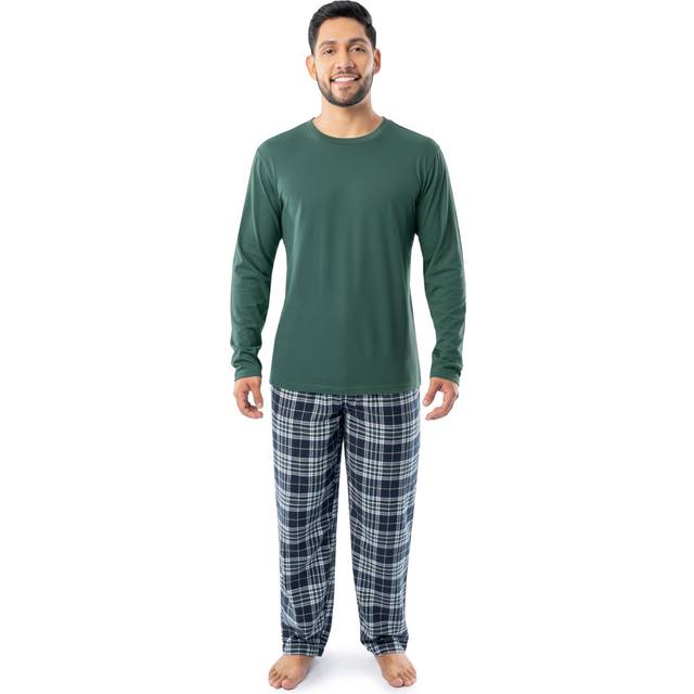 Fruit of the Loom Men's Jersey Knit Top and Flannel Pant Pajama Sleep Set  Green/Navy Plaid