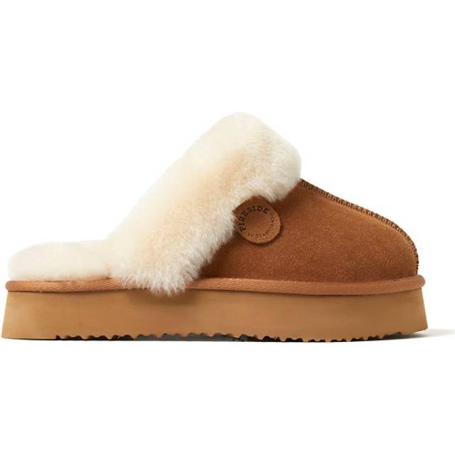 Dearfoams Women's Fireside Sydney Shearling Fur Indoor/Outdoor Scuff Slipper with Wide Widths  Chestnut Platform  10