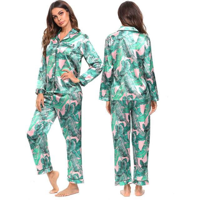 SWOMOG Womens Silk Satin Pajamas Long Sleeve Loungewear Two-Piece Sleepwear Button-Down Pj Set