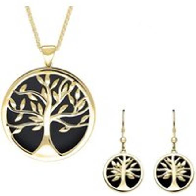 9ct Yellow Gold Whitby Jet Large Round Tree of Life Two Piece Set