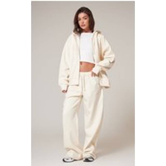 PRETTYLITTLETHING Cream Premium Embroidered Oversized Wide Leg Joggers, White - M