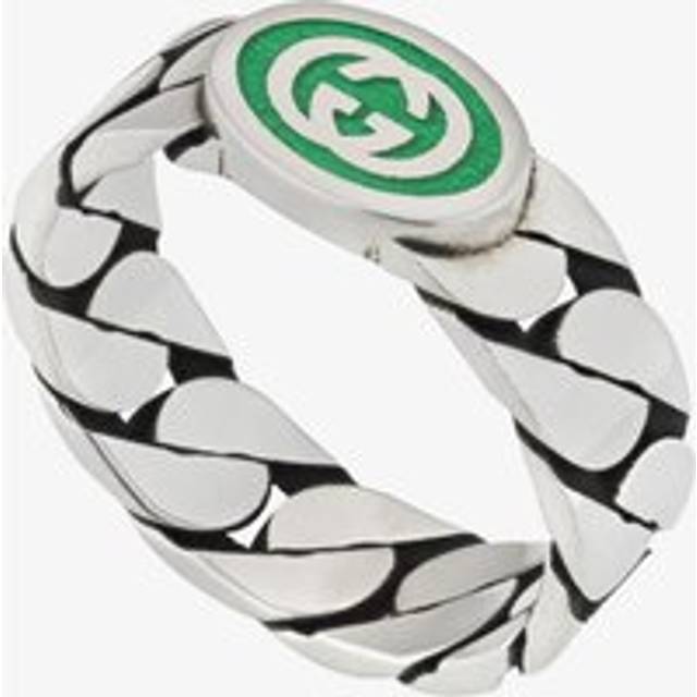 Gucci Interlocking 6mm Green Enamel Ring YBC701612001015 N 3/4 - Silver
