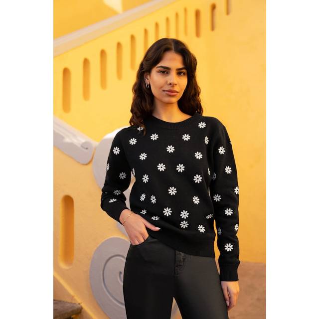 Yumi Embroidered Daisy Jumper, Black
