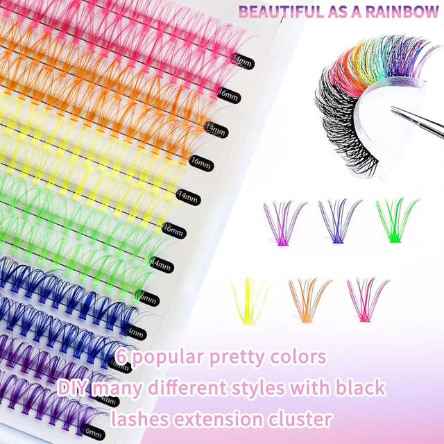 Colored Lash Clusters Kit Individual False Eyelashes Set Segmented Fake Eyelashes with Lash Bond 120 Clusters multicolour