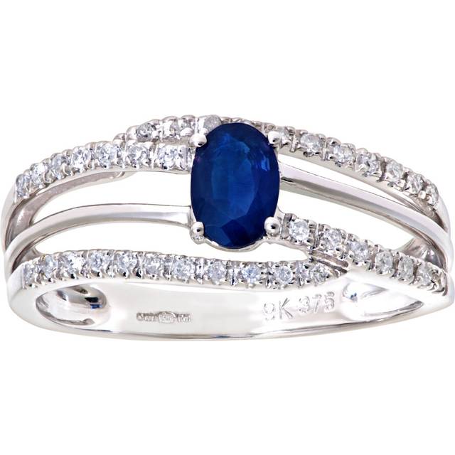 (Q) Jewelco London 9ct White Gold Oval Sapphire and Diamond Dress Ring