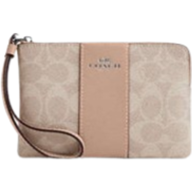 Coach Womens Corner Zip in Signature Canvas with Leather Stripe Bag - Beige - One Size
