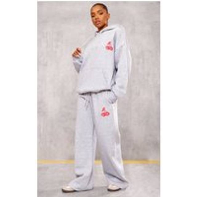 Grey Marl Cherry Print Oversized Wide Leg Joggers, Grey Marl