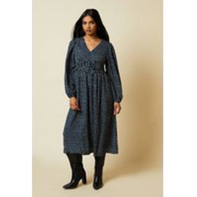 Dorothy Perkins Womens Midi Dress Black Spot Print V Neck Long Sleeve Casual