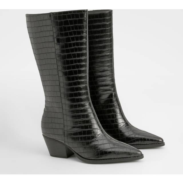 Womens Wide Fit Croc Low Block Calf High Western Boots - Black - 4, Black