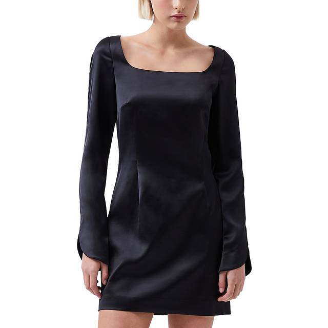 Structured Satin Long Sleeve Scoop Neck Mini Dress Black