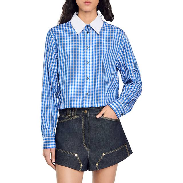 Sandro Womens Bleus Contrast-collar Long-sleeve Checked Cotton Shirt 6