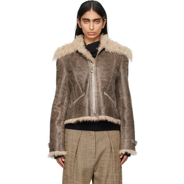 Acne Studios Brown Cracked Shearling Jacket - AJ2 GREY/BEIGE - FR 36