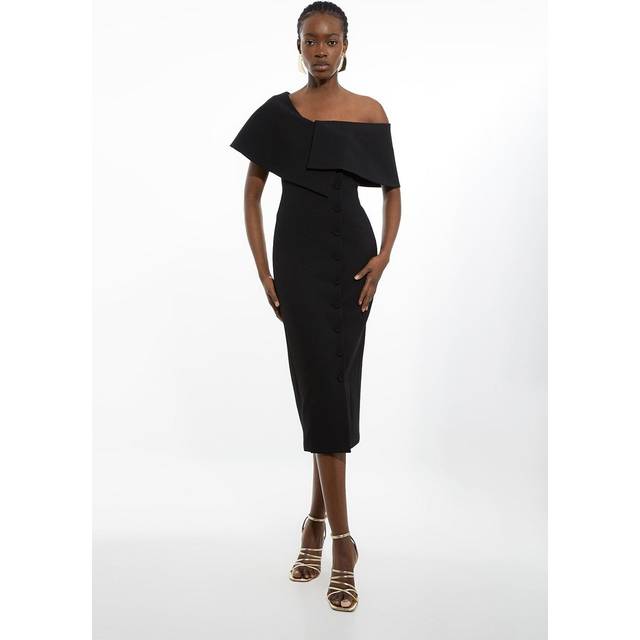 Petite Compact Stretch Off Shoulder Button Through Tailored Midaxi Pencil Dress - Black