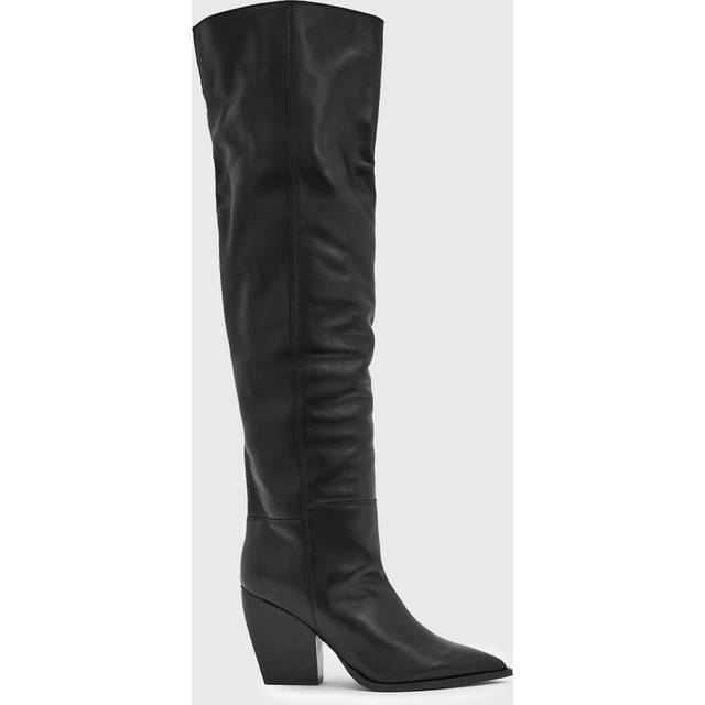 Reina Over-the-Knee Boots - Black - Founded in London in 1994, AllSaints has been crafting iconic leather pieces for decades. As well as statement jackets, biker boots, and accessories, the brand’s everyday items offer a dose of attitude with distressed detailing, daring prints and the signature Ramskull logo.