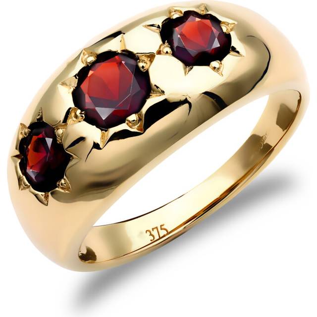 (Y) Jewelco London Men&#39;s Solid 9ct Yellow Gold Round Brilliant Garnet Star Set 3 Stone Trilogy Gypsy Ring
