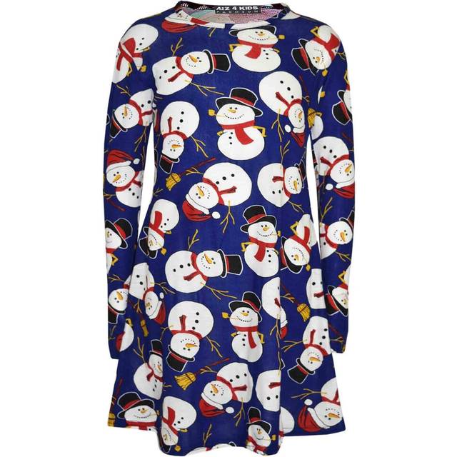 (13 Years, Snowman Navy) Kids Girls Christmas Dress Santa Snowman Penguin Print New Xmas Fashion Dresses
