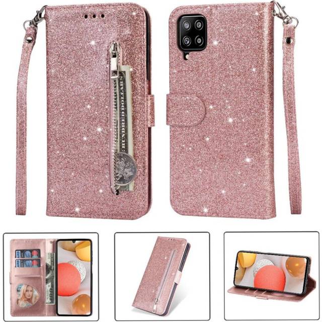 (Rose Gold ) Zipper Pocket Case for Samsung Galaxy A12 5g Glitter Wallet Case Wrist Strap Pu Leather Magnetic Closure Card Holder