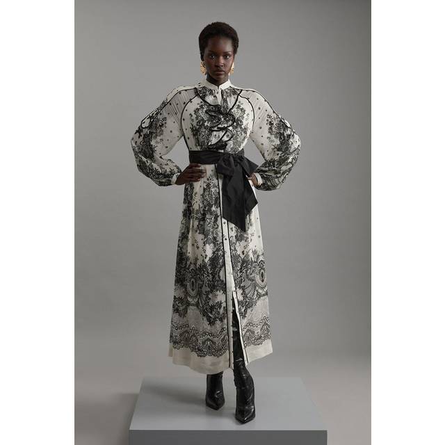 Viscose Crinkle Placed Lace Printed Woven Midaxi Dress - Black_White