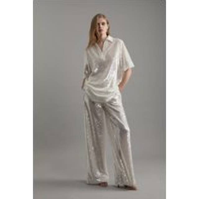 Sequin Woven Wide Leg Trouser - Silver