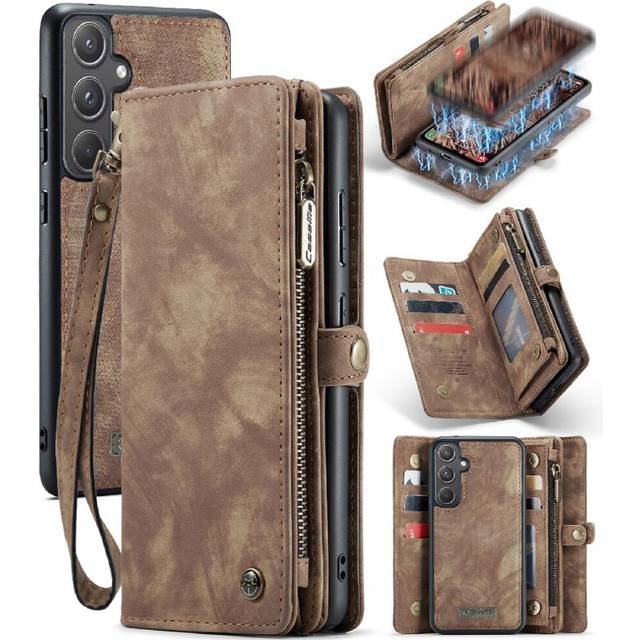 (Brown) Case for Samsung Galaxy A55 5g Wallet Cover Trifold with Detachable Card Holder Tpu Pc Handmade Leather Zipper Strong Magnetic