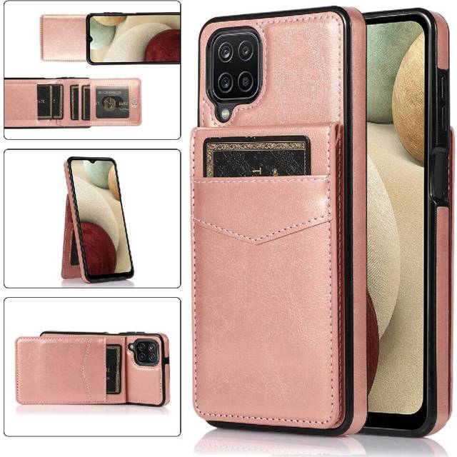 (Pink) Compatible with Samsung Galaxy A12 Magnetic Clasp Kickstand Case Wallet Card Holder with Credit Premium Leather