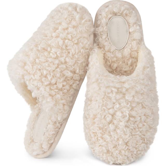 Snug Leaves Women's Scuff Slippers Furry Cute Curly Faux Wool Slip-on Indoor Memory Foam House Shoes Cream White  9-10 US