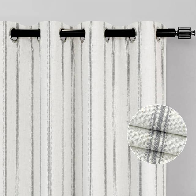 DriftAway Farmhouse Linen Blend Blackout Curtains 96 Inches Long for Bedroom Vertical Striped Printed Linen Curtains Thermal Insulated Grommet Lined T