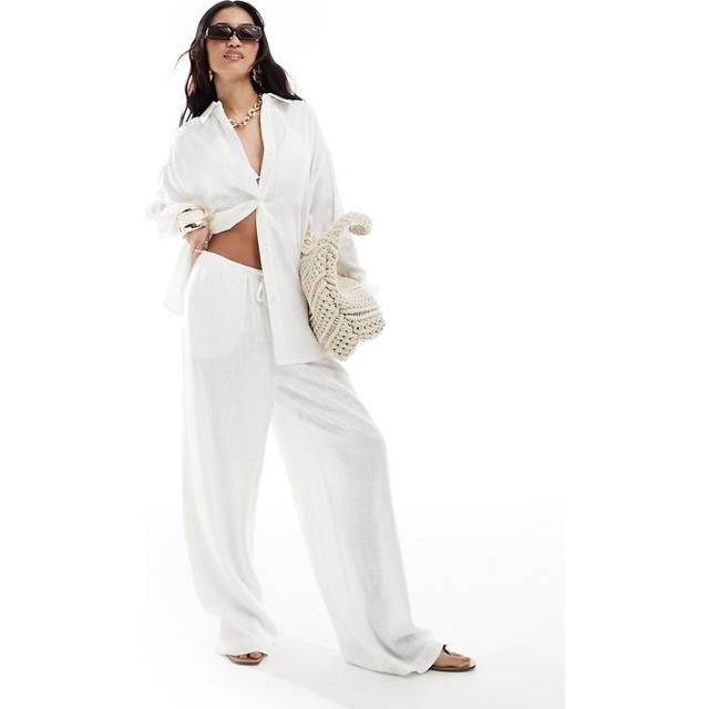 ASOS DESIGN – Vita linnebyxor med vida ben och resårmidja-Grön/a