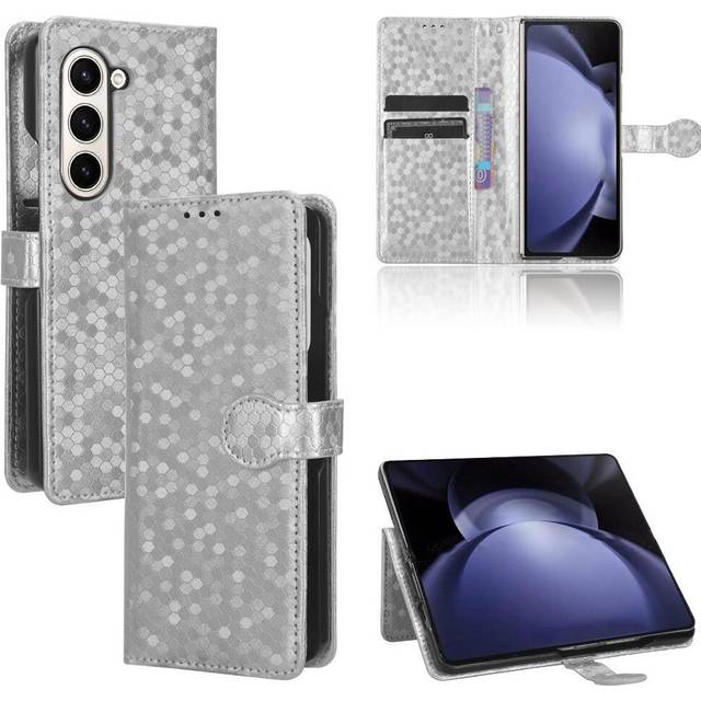 (Silver) Case for Samsung Galaxy Z Fold 6 Leather Wallet Cover Magnetic Clasp Geometric Pattern