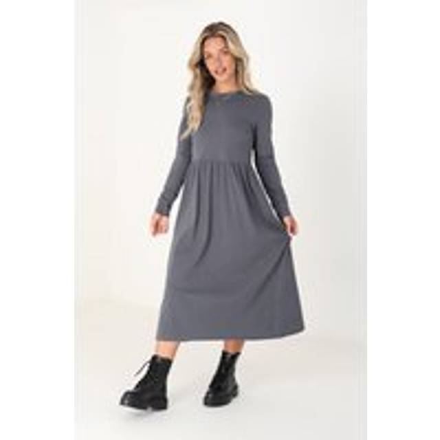 Cotton Long Sleeve Midi Smock Dress - Grey - Small - Brave Soul