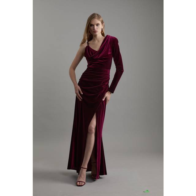 Velvet Asymmetric One Shoulder Tailored Maxi Dress - Red