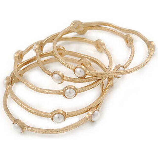 Off round etched gold tone with white glass pearls bangles - set of 5 pcs