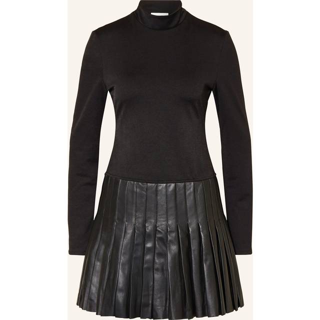 Claudie Pierlot Womens Noir / Gris Long-sleeved Pleated-skirt Stretch-woven and Leather Mini Dress 10