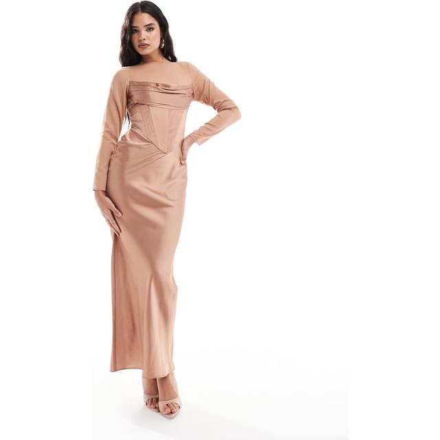 ASOS DESIGN – Brunrosa maxiklänning i satin och chiffong med draperad korsett-Naturlig