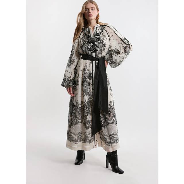 Plus Size Viscose Crinkle Placed Lace Printed Woven Midaxi Dress - Black_White