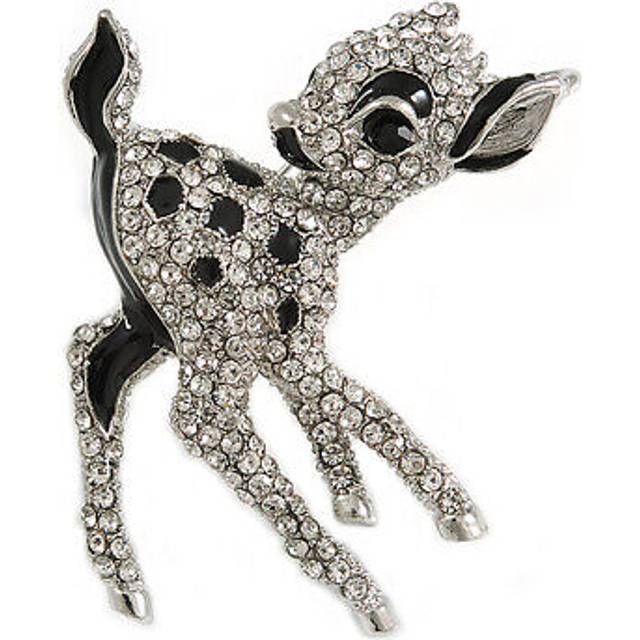 Cute crystal baby fawn/ young deer brooch/ pendant in silver tone metal - 48mm