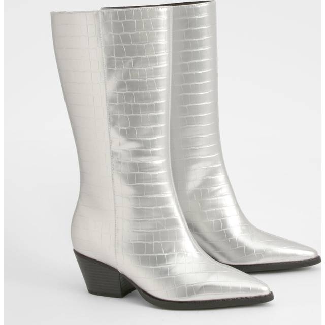 Womens Wide Fit Croc Low Block Calf High Western Boots - Grey - 4, Grey