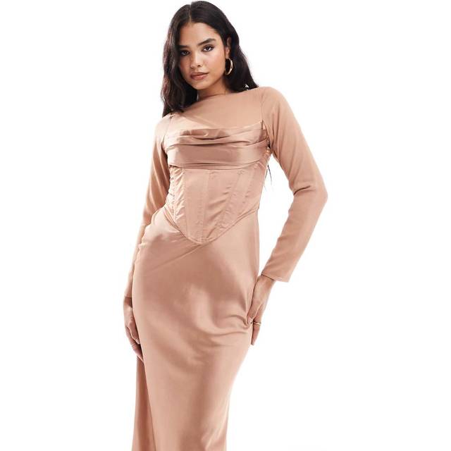 ASOS DESIGN – Brunrosa maxiklänning i satin och chiffong med draperad korsett-Naturlig