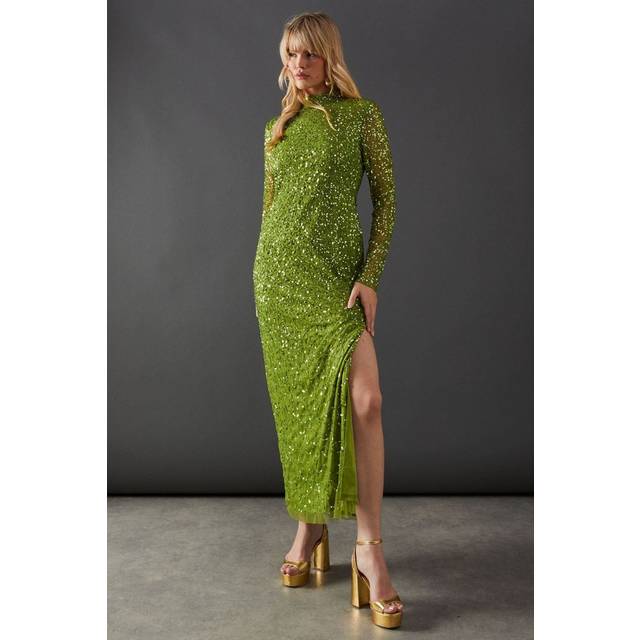 Warehouse Womens Premium Hand Embellished High Neck Maxi Dress - Lime Green - Size 10 UK