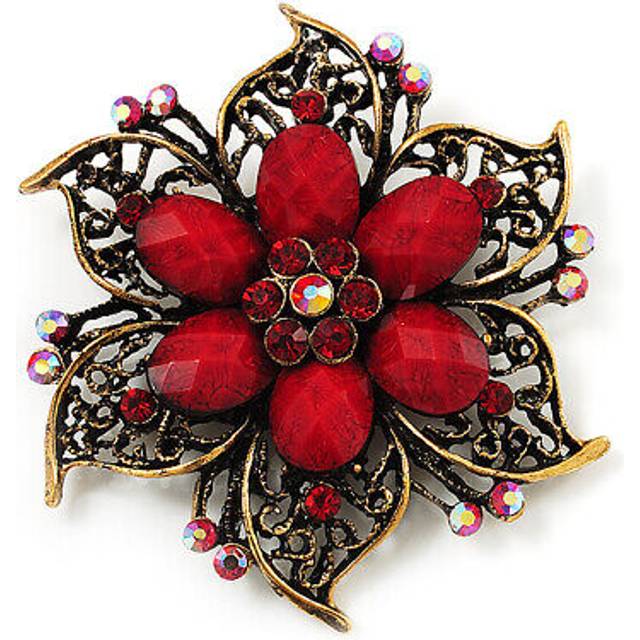 Vintage filigree crystal brooch (antique gold & red)