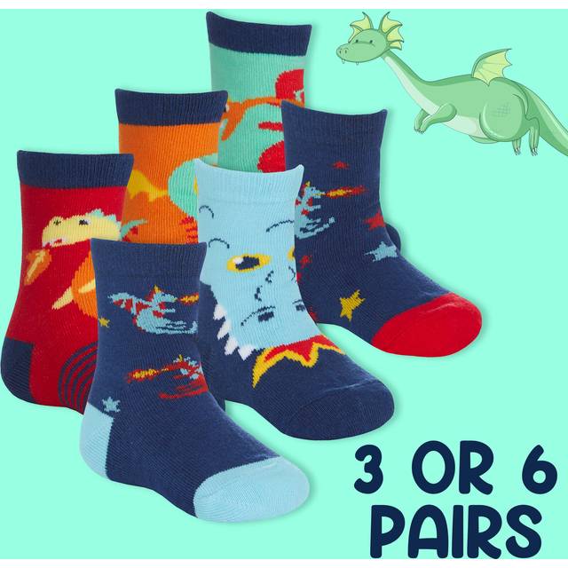 Baby boys cartoon dragon socks 3 or 6 pairs cotton crew socks uk 0-0 0-2.5 3-5.5