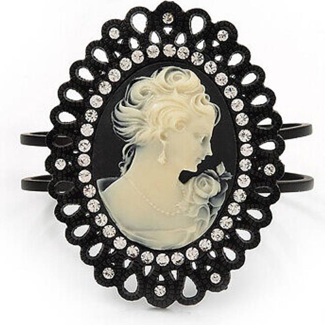 Large diamante 'classic cameo' hinged bangle bracelet in black metal - up to