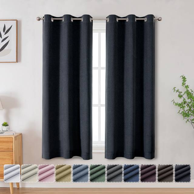 OVZME 100 Black Black Out Curtains 63 inch Long  2 Panels Set  Faux Linen Thermal Insulated Curtains  Drapes for Bedroom Livi